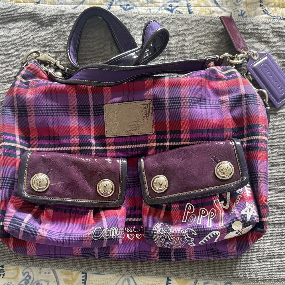 Coach Purple Plaid Shoulder Bag